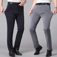 Men Suit Pants Slim Fit Straight Formal Pants Business Style Button Zipper Closure Stretchy Pockets Office Meeting Long Trousers