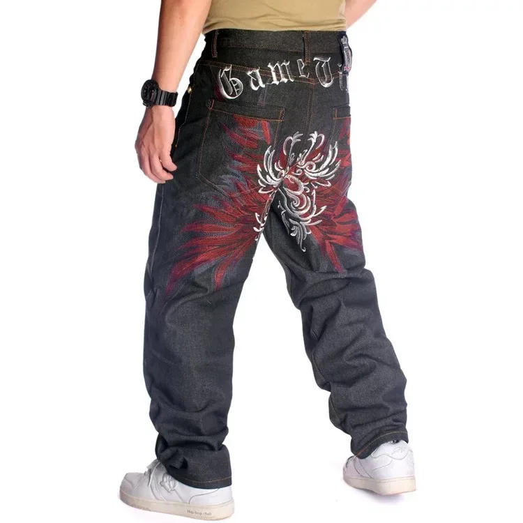 Description Picture 3 of itemPlus Size 30-46 Inch Skateboard Mens Baggy Jeans Wide-Leg Loose Hip Hop Embroidered Flower Wings Male Denim Pants Tide Trousers