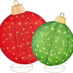 2pc Lighted Pop-Up Outdoor Christmas Ornament Set, Holiday Ball Decoration w/ 180 LED Lights, 8 Light Functions - Red/Green