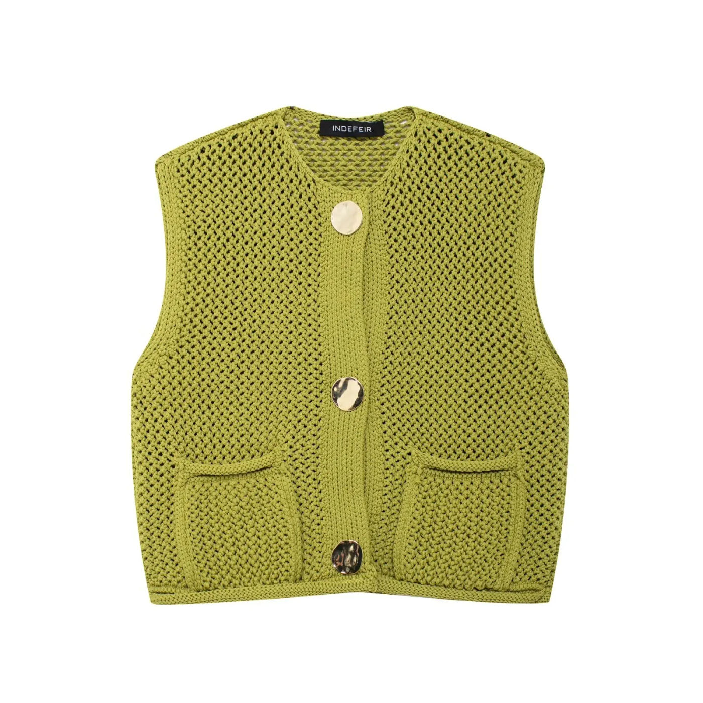 Description Picture 3 of itemWomens Crochet Chunky Knit Sweater Vest Casual Sleeveless Button Down Vest Tops Cropped Cardigan Sweaters with Pockets Free Size