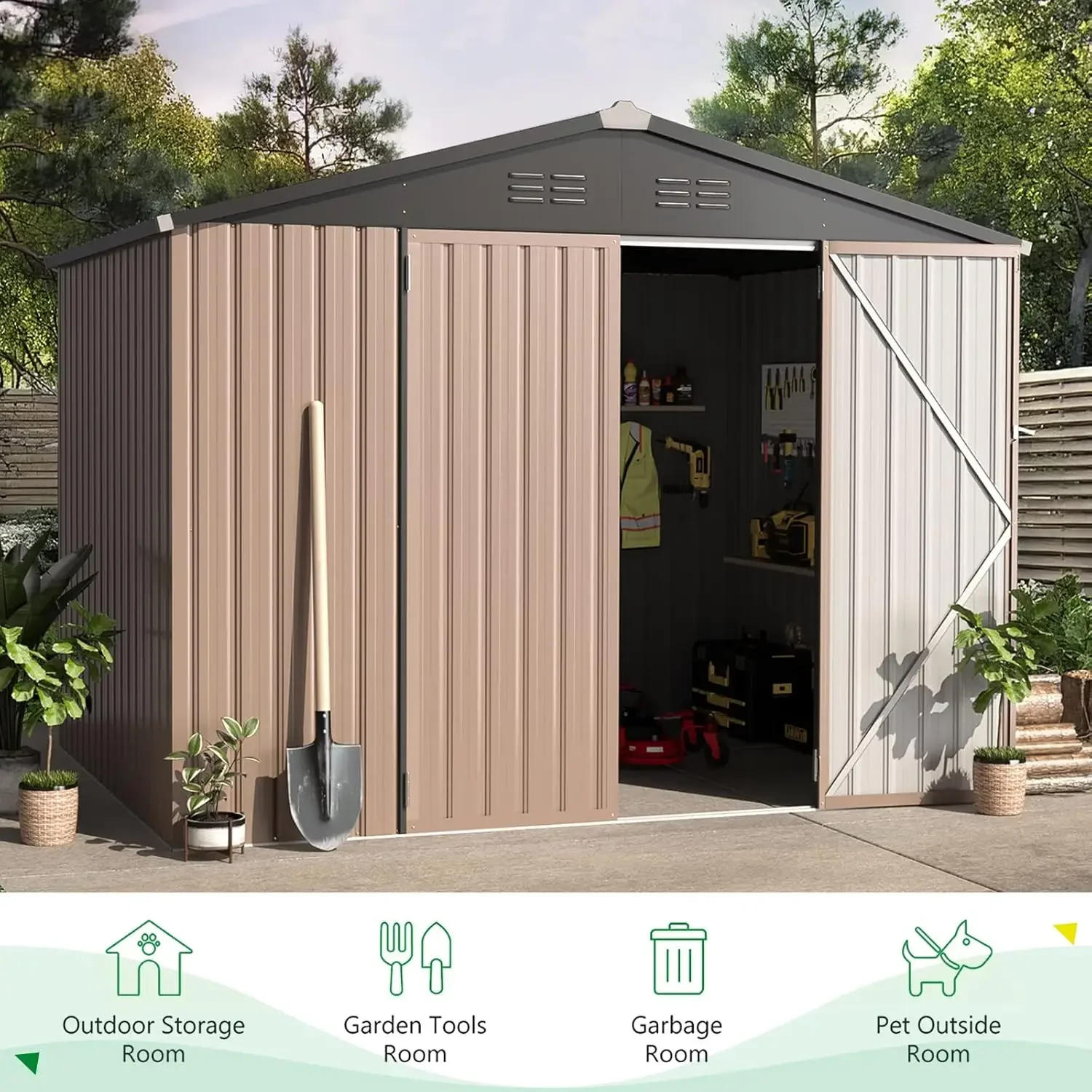 Description Picture 4 of item8' x 6' Metal Outdoor Storage Shed, Lockable Bike Shed,Garden Shed &Tool Shed for Backyard, Patio, Lawn,Brown
