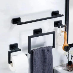 Black/ Gold Bathroom Hardware Set Stainless Steel Towel Holder Roll Paper Holder Square Towel Ring Robe Hook Bathroom Shelf Set