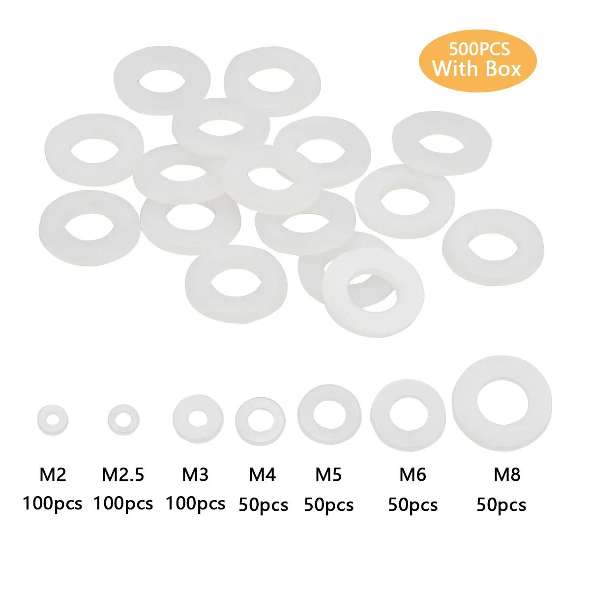 Description Picture 2 of item500Pcs/Box M2 M2.5 M3 M4 M5 M6 M8 White Plastic Nylon Washer Flat Spacer Washer Seals Gasket O Ring Assortment Kit