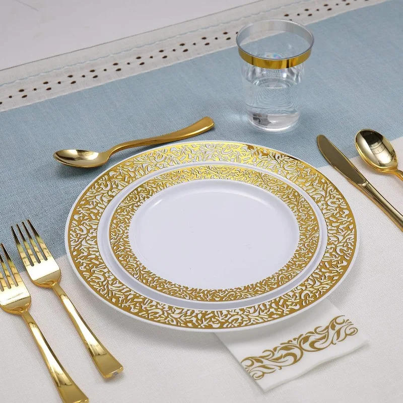 Description Picture 6 of item175 Dinnerware Set for 25 Guests, Plastic Plates with Lace Rim Design, Disposable Dinner Plates, Dessert Plates, Cups,Napkins