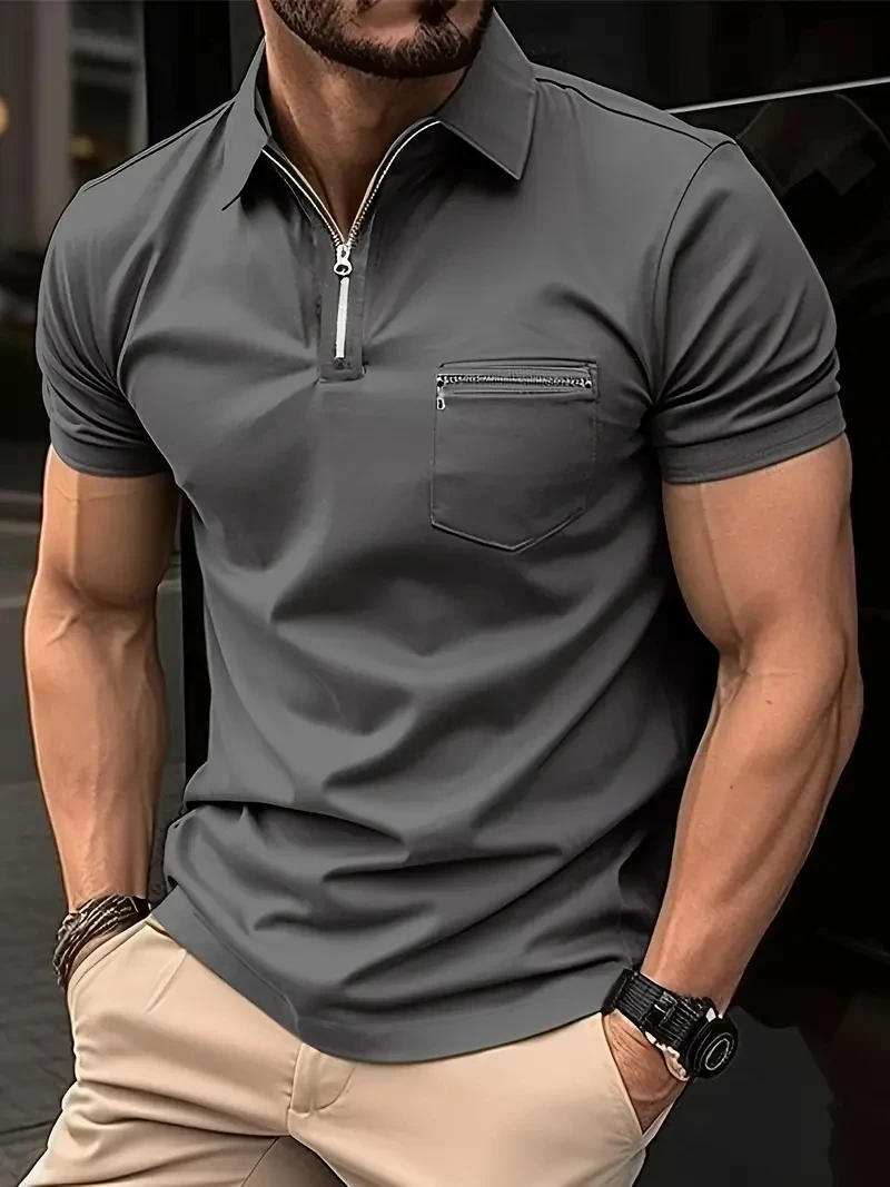 Description Picture 6 of item2024 new men's casual fashion high quality twill zipper solid color POLO shirt