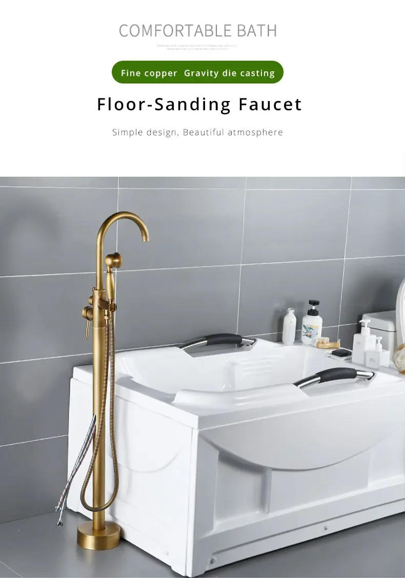 Description Picture 2 of itemAntique Brass Bathtub Faucet Floor Mounted Swive Spout Tub Mixer Tap with Handshower Handheld Bath Shower  Water Set