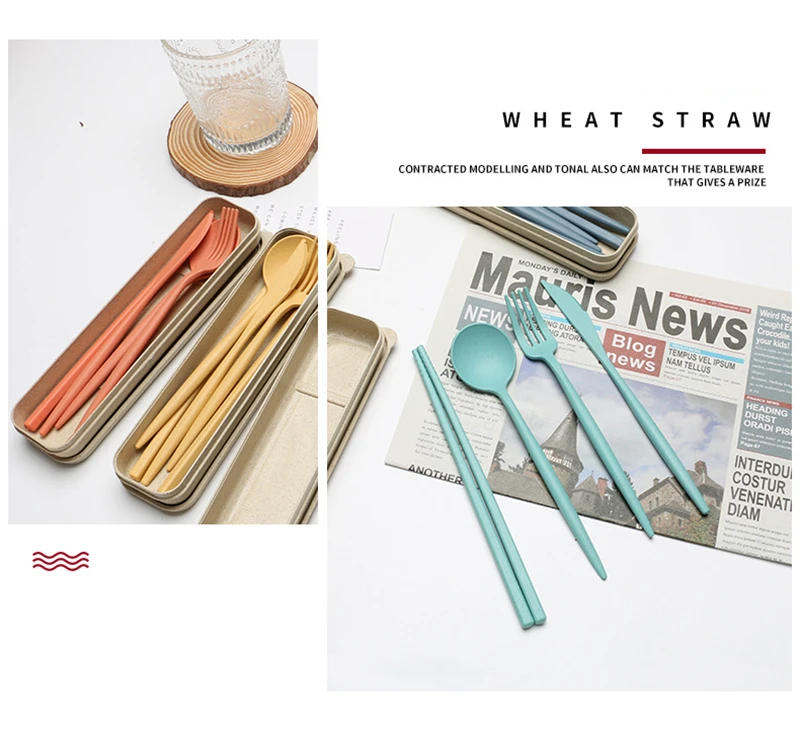 Description Picture 5 of itemCutlery Tableware Spoon Fork Chopsticks Safe Wheat Straw Dinnerware With Box Portable Travel Use Kitchen Accessories 4PCS/Set