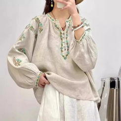 V-Neck Half Open Cardigan Embroidered Heavy Work Cotton Linen Women's Ethnic Style Pullover Fashionable Button up Top