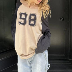 European and American autumn new color blocking splicing letter print one collar long sleeved loose women's T-shirt top