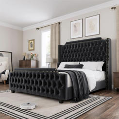 King Size Platform Bed Frame with 54" Tall Wingback Headboard & Deep Button Tufted Footboard, Velvet Upholstered Bed Frame,Black