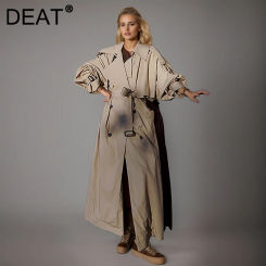 DEAT Fashion Khaki X-long Trench Coat Women's Lapel Long Sleeves Double Breastedsashes Loose Windbreaker New tide