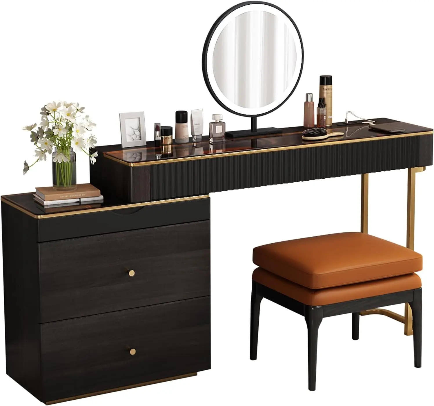 Description Picture 6 of itemextendable Dresser Set、Dressing Table,Super Storage、LED Lighted Vanity Mirror with ash All Solid Wood upholstered Makeup Stool