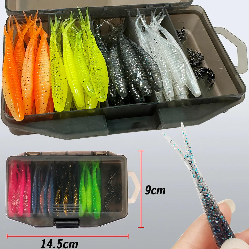 Description Picture 5 of item61 Pieces Set Soft Lure Bionic Fish 7cm V Tail Worm Crank Curved Hook Fishing Tackle Box Metal Jig Bait Pesca Gear Swimbait Kit