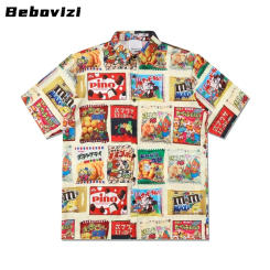 Japanese Cartoon Print Men Hawaiian Shirt Streetwear Beach Turn-down-collar Shirt Casual Summer Short Sleeve