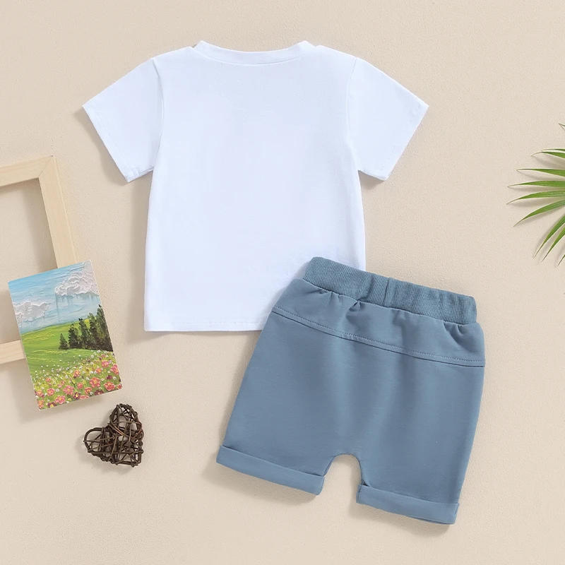 Description Picture 3 of itemBaby Boy 2 Piece Outfits Round Neck Short Sleeve Letter Print Tops Elastic Waist Shorts Summer Set for Infant Toddler