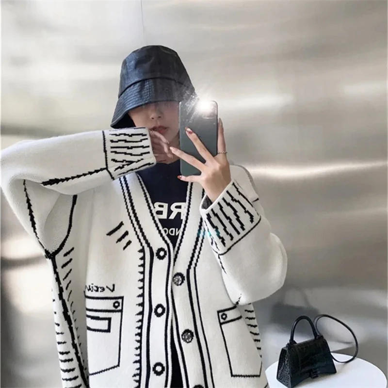 Description Picture 4 of itemPrint Graffiti Cardigan Women Long Sleeve Top Y2K Loose V-neck Sweater Autumn Winter Streetwear Knitted Female Cardigans Coat