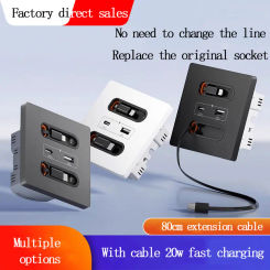 86 Type Concealed Wall Socket With 80cm Charging Cable 20W Fast Charging USB Socket Switch Panel Charging Type-c Bedside Panel