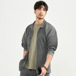 Miyake Pleated Design Men Shirts for Causal Coat Clothes Japanese Streetwear Long Sleeve T Shirt Fashion Shirt for Men Clothing