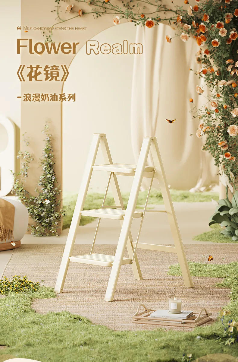 Description Picture 2 of itemCream Wind Home Folding Ladder Small Multi-functional Lightweight Ladder Chair Decorative Flower Frame Ladder Home Furniture