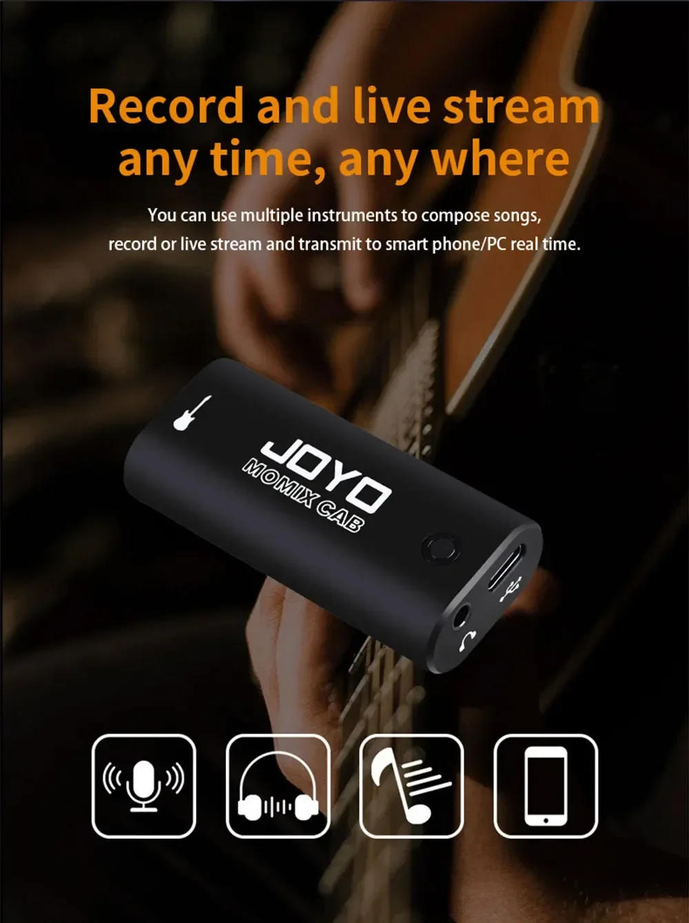 Description Picture 3 of itemJOYO MOMIX CAB Portable Pocket USB Sound Card Guitar Headphone Recording Live Streaming Plug and Play Mini Audio Mixer