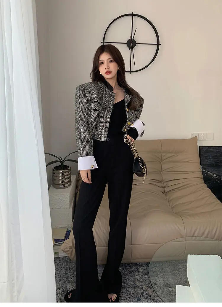 Description Picture 2 of itemWoherb New Fashion Korean Chic Vintage Tweed Jacket Coat Women Spring Contrast Color Cropped Jackets Elegant Office Lady Outwear