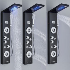 Black LED Shower Panel Tower System Rain/Waterfall Shower Faucet Set Display Screen Massage Spa Jets Bathroom Shower Column