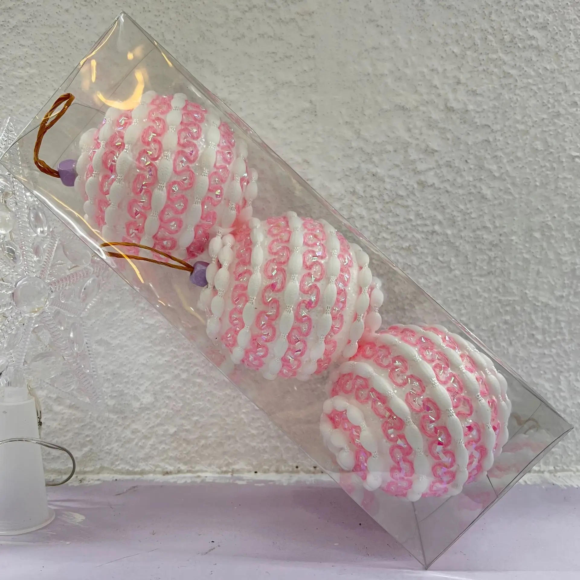 Description Picture 5 of item3pcs 8cm Christmas Ball Ornaments Sticky Pink Christmas Tree Party Decoration New Year Colorfule Christmas Spheres Pendant 2024