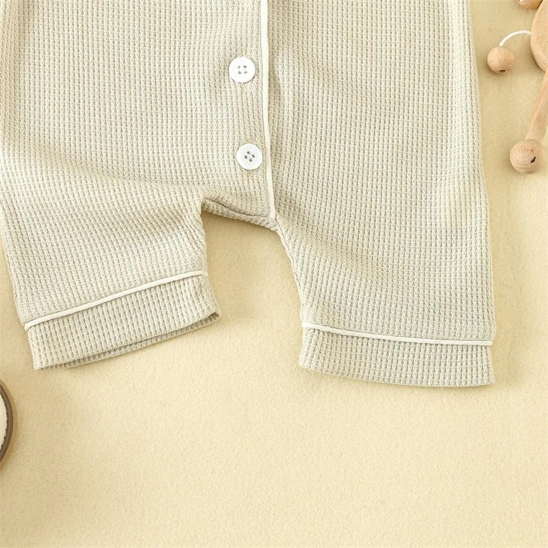 Description Picture 4 of item0-24months Baby Romper Pajama Lapel Neck Short Sleeve Trim Button Down Waffle Jumpsuit Infant Toddler Boys And Girls Sleepwear