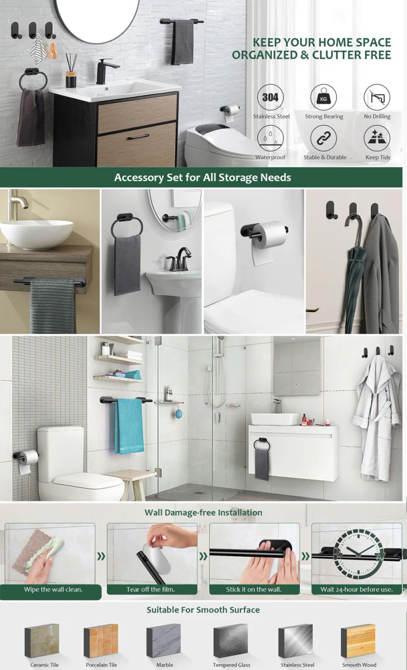 Description Picture 2 of itemNo Drilling Brushed Bathroom Accessories Sets Toilet Tissue Roll Paper Holder Towel Rack Bar Rail Ring Robe Hook Hardware Set