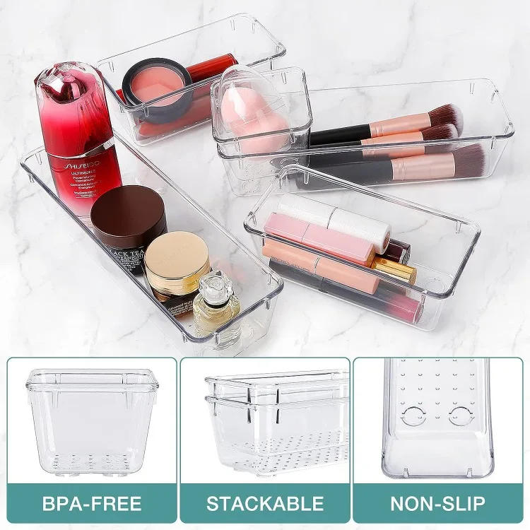 Description Picture 3 of itemClear Plastic Drawer Organizers Desk Dividers Bins Home Dresser Office Kitchen Drawer Separator Makeup Jewelry Organization Gadg