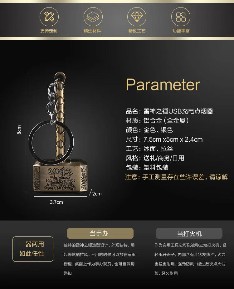 Description Picture 3 of itemFunny Creative Windproof USB Electric Rechargeable Lighter Thor Hammer Zinc Alloy Flameless Keychain Lighter Men's Smoking Gift