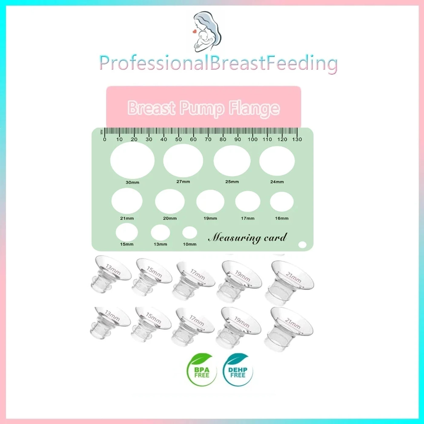 Description Picture 2 of item13mm15mm17mm19mm and 21mm Inserts for 24mm Flange and Silicone Nipple Measuring Card Breast pump accessories Sizing Tool