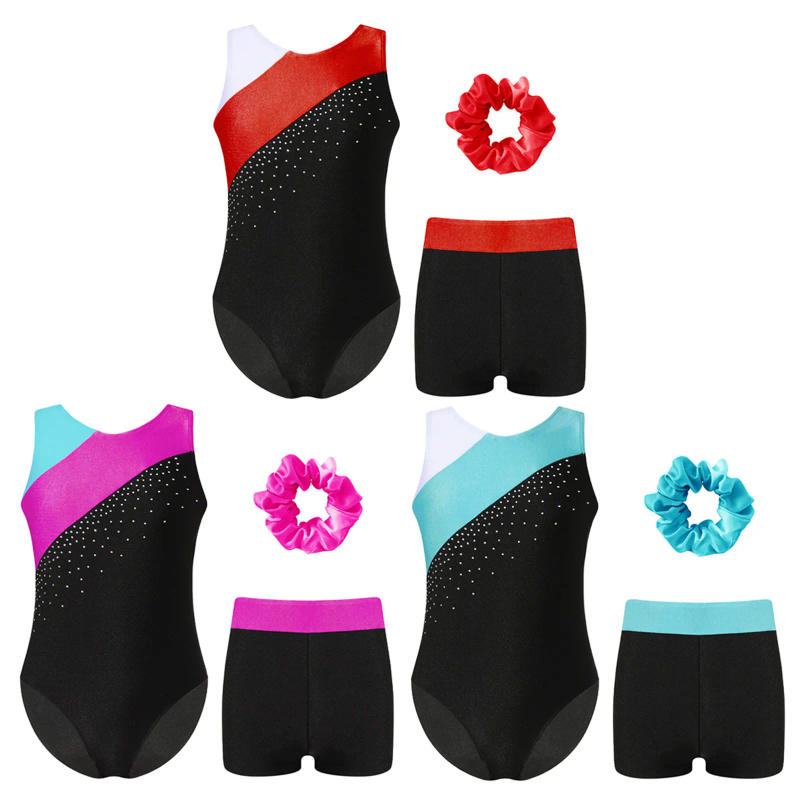 Description Picture 3 of itemChildren Figure Skating Bodysuit Kids Girls Dance Set Sleeveless Rhinestones Gymnastics Leotard with Shorts Dancewear Sets