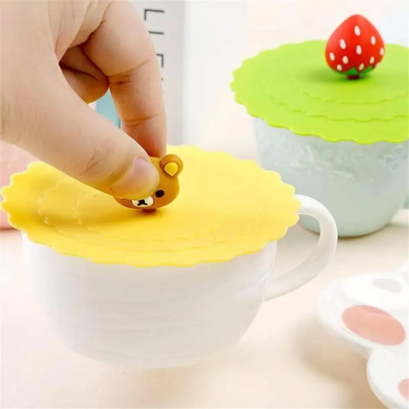 Description Picture 4 of item3 Pcs Silicone Drink Cup Lids 10cm Creative Round Mug Cover Reusable Anti Dust Cup Covers Cartoon Coffee Mug Lid