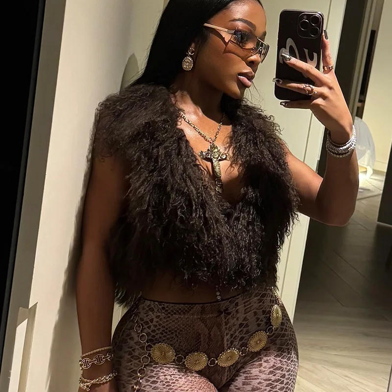 Description Picture 3 of itemFluffy Faux Fur Vests for Women Fashion Sexy V-neck Backless Lace-up Sleeveless Jackets Crop Top Warm Winter Tank Outerwear Coat