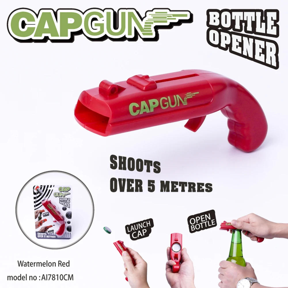 Description Picture 2 of itemCreative Can Opener Spring Cap Catapult Launcher Gun Shape Bar Tool Drink Opening Shooter Beer Bottle Opener Kitchen Gadget Set