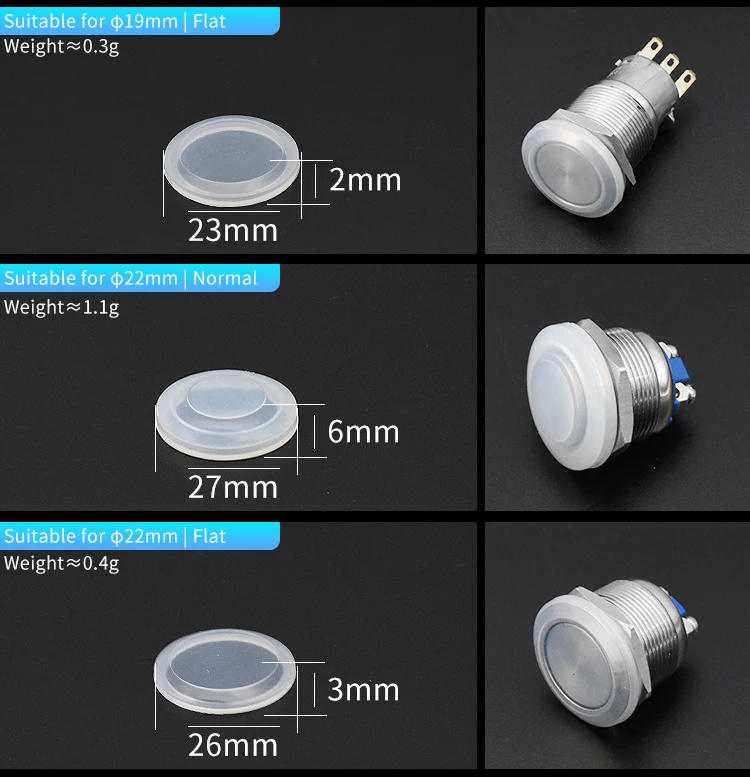 Description Picture 6 of item10Pc 10mm 12mm 16mm 19mm 22mm 25mm Metal Push Button Switch Protection Cover Silicone Waterproof Dust Cap