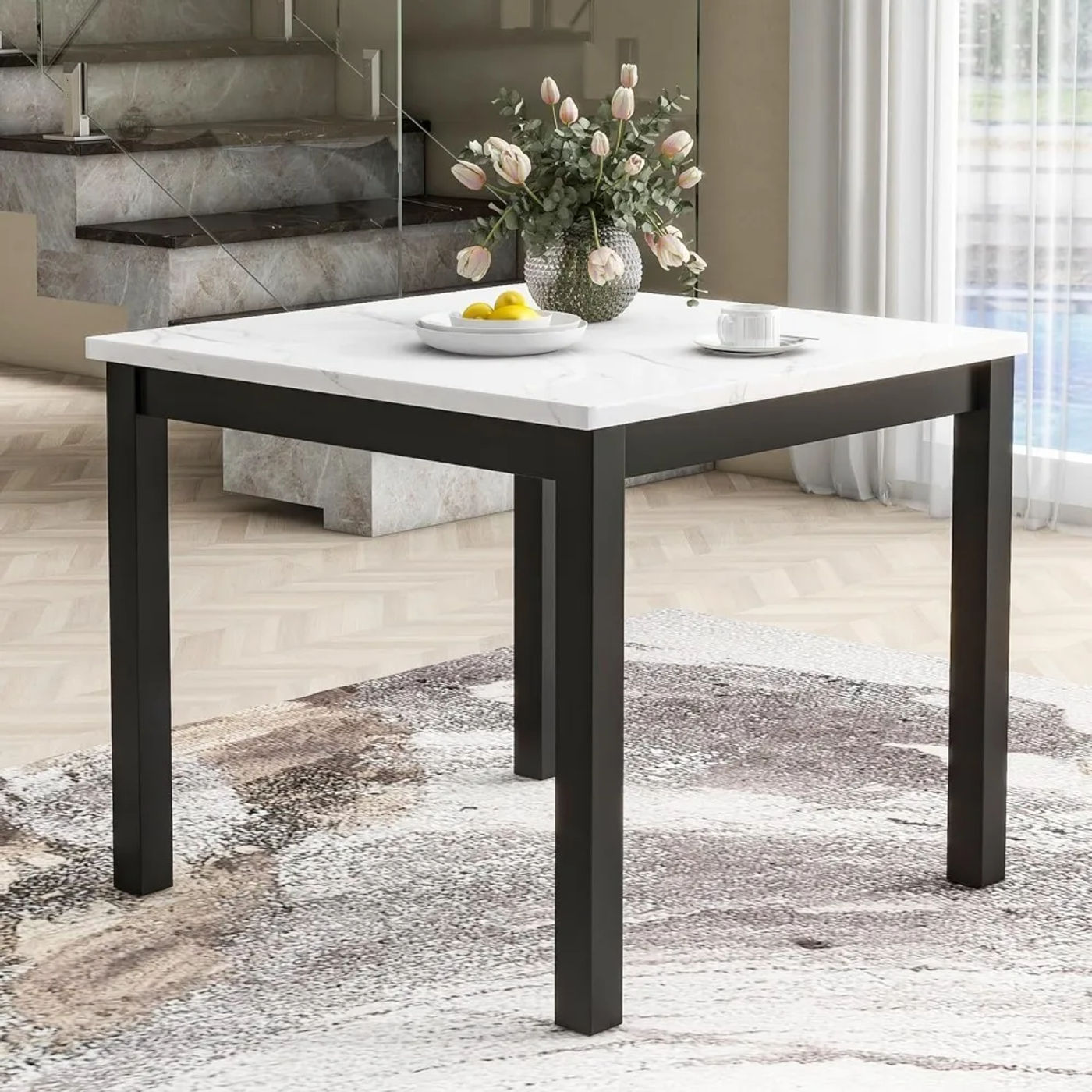 Description Picture 5 of itemDining Table Set with Faux Marble Dining Table and 4 Upholstered-Seat Chairs, 5 Piece Dining Room Table Set, Blue+Black