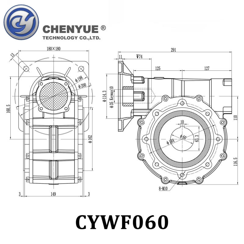 Description Picture 6 of itemCHENYUE Large output Bore Worm Gearbox CYWF60 Input 35 Output 60 Ratio 5:1/100:1 Torque 200-647N.m Engine 7.5Kw Free Maintenance