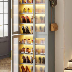 Tall Shoe Cabinet with Acrylic Doors and LED Lights, 8-Tier Entryway Shoe Organizer Storage Rack with Adjustable Shelves, Gray