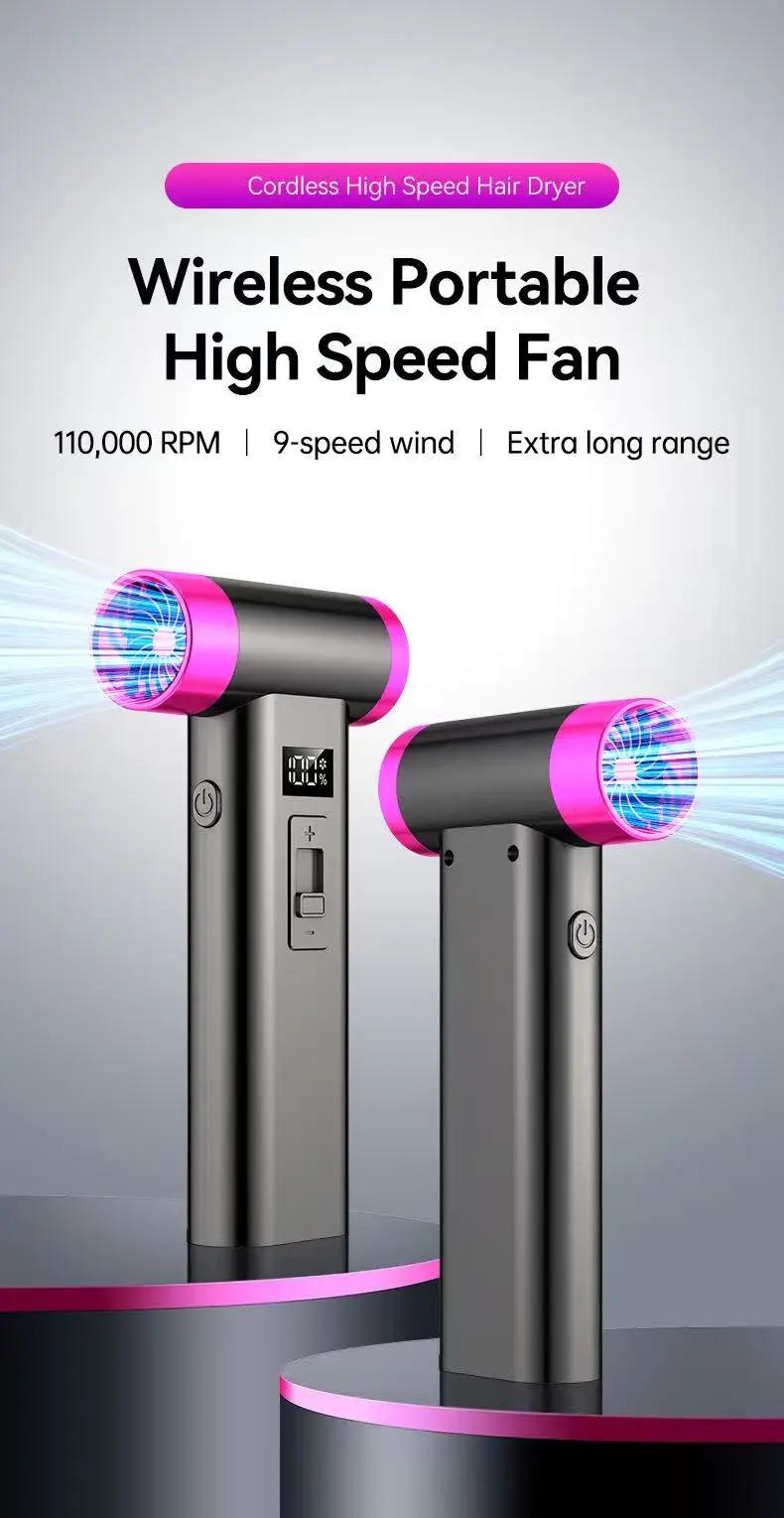 Description Picture 2 of itemPortable Wireless Hair Dryer Multifunctional Air Duster Travel USB Rechargeable 110000RPM High Speed Blow Dryer Only Cold Wind