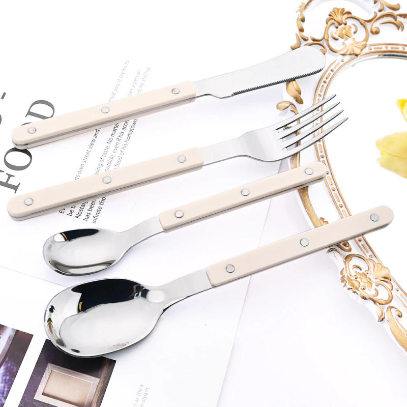 Description Picture 4 of itemBeige Silver 4/16Pcs Dinnerware Acrylic Handle Knife Fork Spoon Set Stainless Steels Cutlery Set Western Dinner Kitchen Flatware