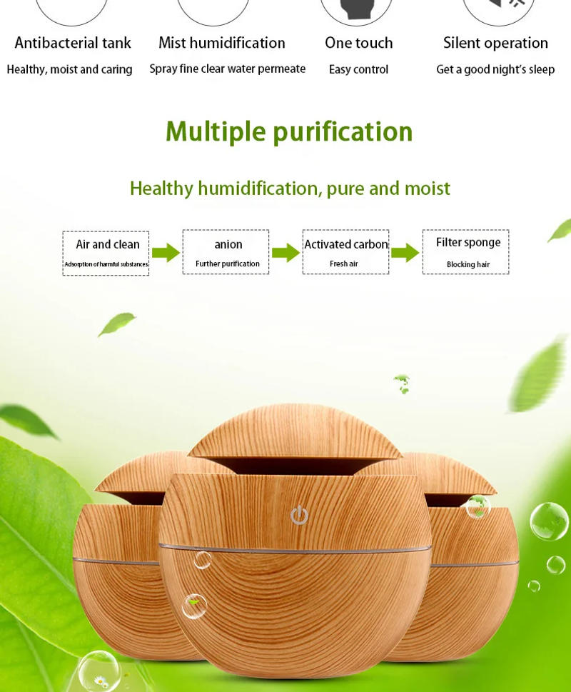 Description Picture 3 of item200ml USB Small Ball 7 Colorful Light Bass Noise Reduction Mushroom Humidifier Mini Wood Grain Round Hollow Aroma Diffuser