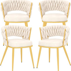 Modern Velvet Dining Chairs Set of 4, Upholstered Living Room Chair with Woven Back and Golden Metal Legs, Mid-Century Accent