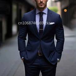 Formal Notch Lapel Men's Suits Navy Blue Single Breasted Business Causal 2 Piece Solid Fashion Male Suit (Jacket+Pants)