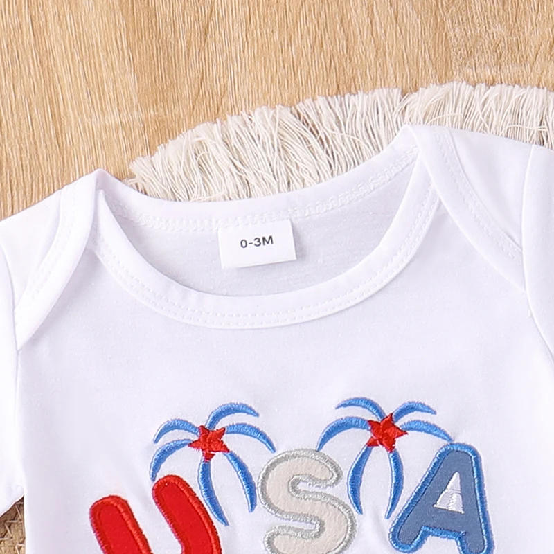 Description Picture 5 of itemBoys 4th of July Shorts Sets Short Sleeve Letter Car Embroidery Romper Star Stripe Print Shorts Sets