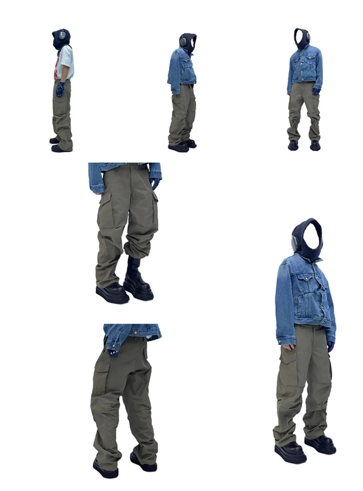 Description Picture 2 of itemGray Green Large Pocket Knee Double Pleated Design Loose Casual Straight Pants Men's Wrapping Washed Cargo Pants Outdoor Pants