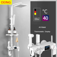 Luxury White Display Thermostatic Shower Faucet Set All Brass Rainfall Bathroom Tap Water Flow Produces Electricity