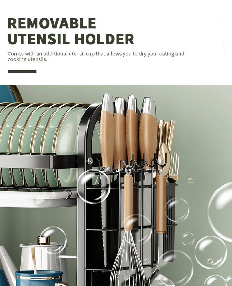 Description Picture 4 of item2-Tier Dish Drying Rack with 2 Drainboards Large Capacity Metal Kitchen Organizer with Utensil Holder Countertop Rack for Sink