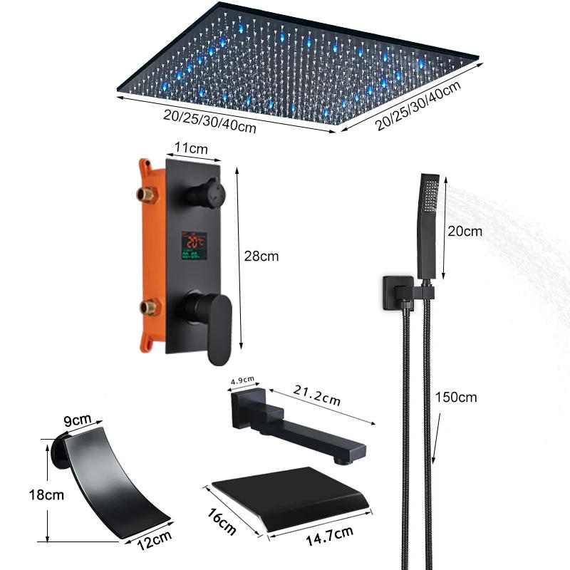 Description Picture 3 of itemShinesia Black LED Concealed Shower Faucet Rainfall Shower System Set Ceiling Mount Digital Display Bathroom Shower Mixer Tap